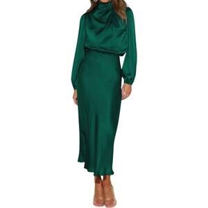 NEW LILY CLOTHING satin long sleeved midi dress in emerald